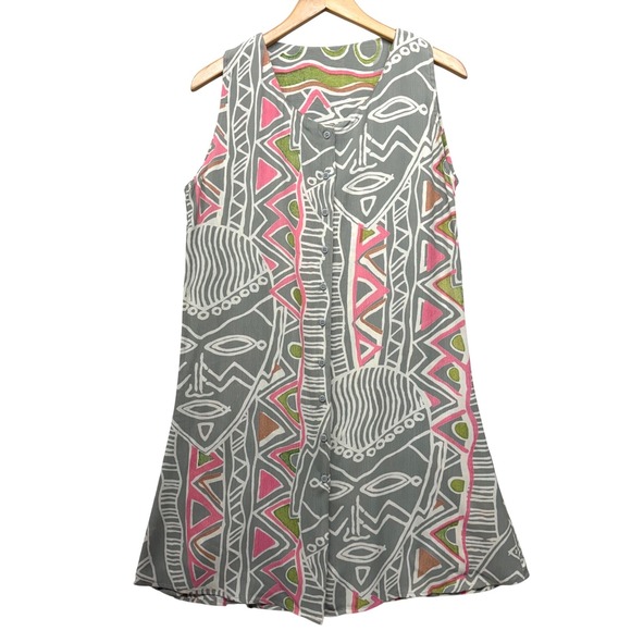 Incraze Dresses & Skirts - VTG Tribal Mask Print Rayon Shift Dress Grey Pink Sleeveless Button Down NWT M‎